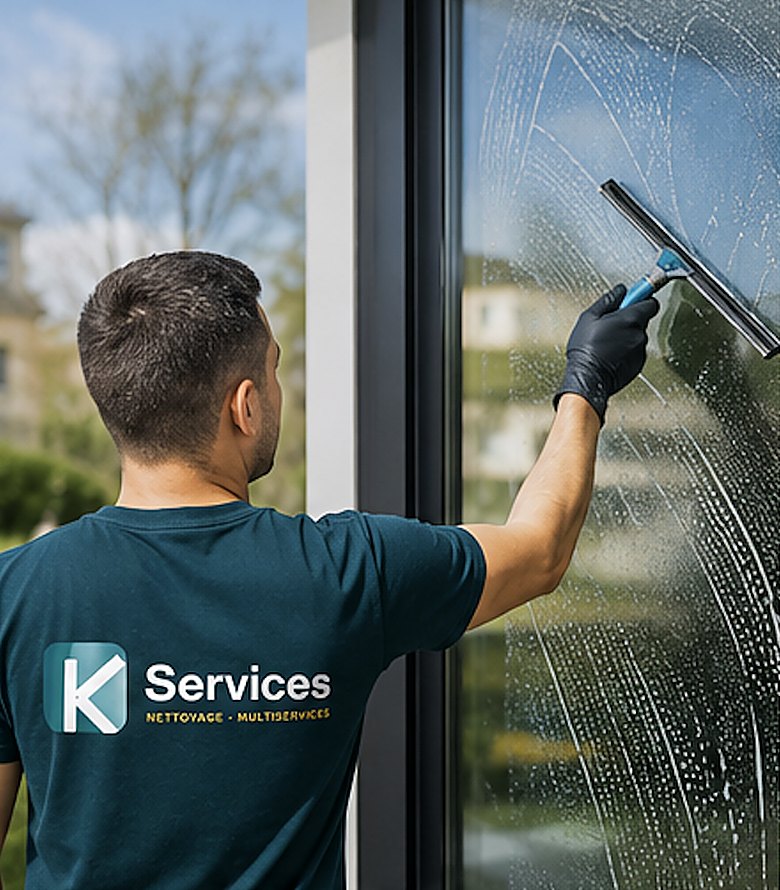 Agent K Services nettoyant une baie vitrée à Périgueux